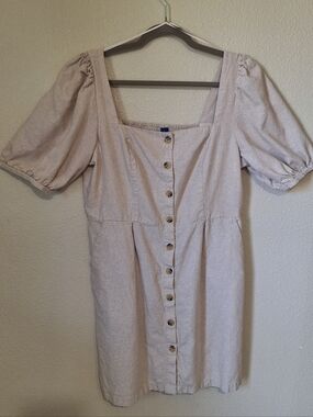Old Navy Beige Linen Blend Dress Large Puff Sleeve Smocked Back Button Front